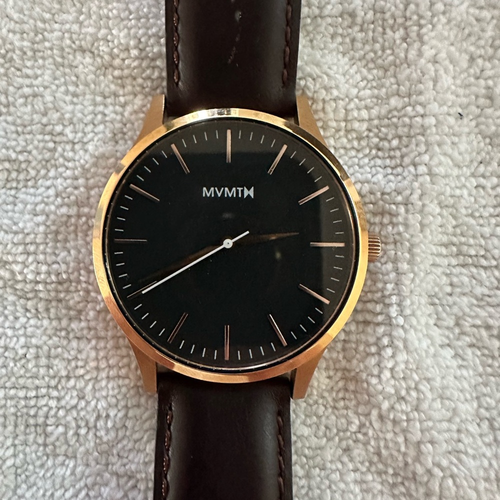MVMT Gold and Black Timepiece with Brown Strap